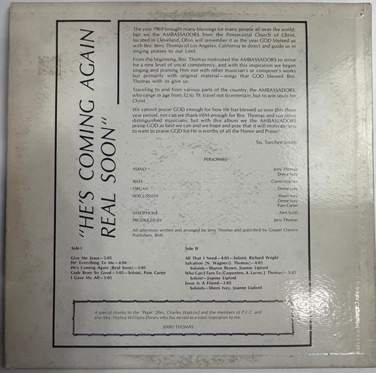 Jerry Thomas & The Ambassadors - He’s Coming Again Real Soon - LP (Rare) VG+