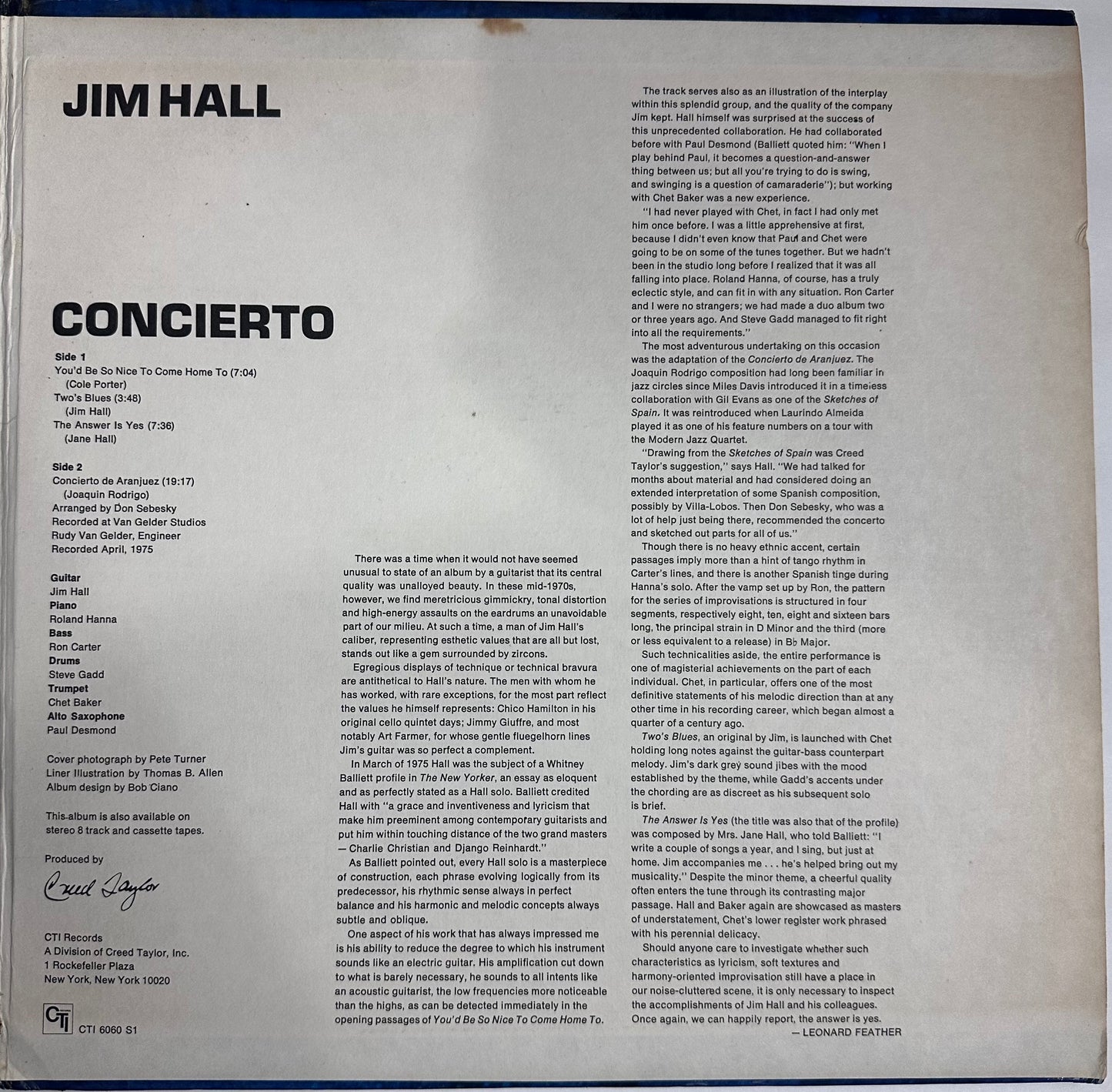 Jim Hall - Concierto - CTI Records (CTI 6060 S1) 1975 VG+